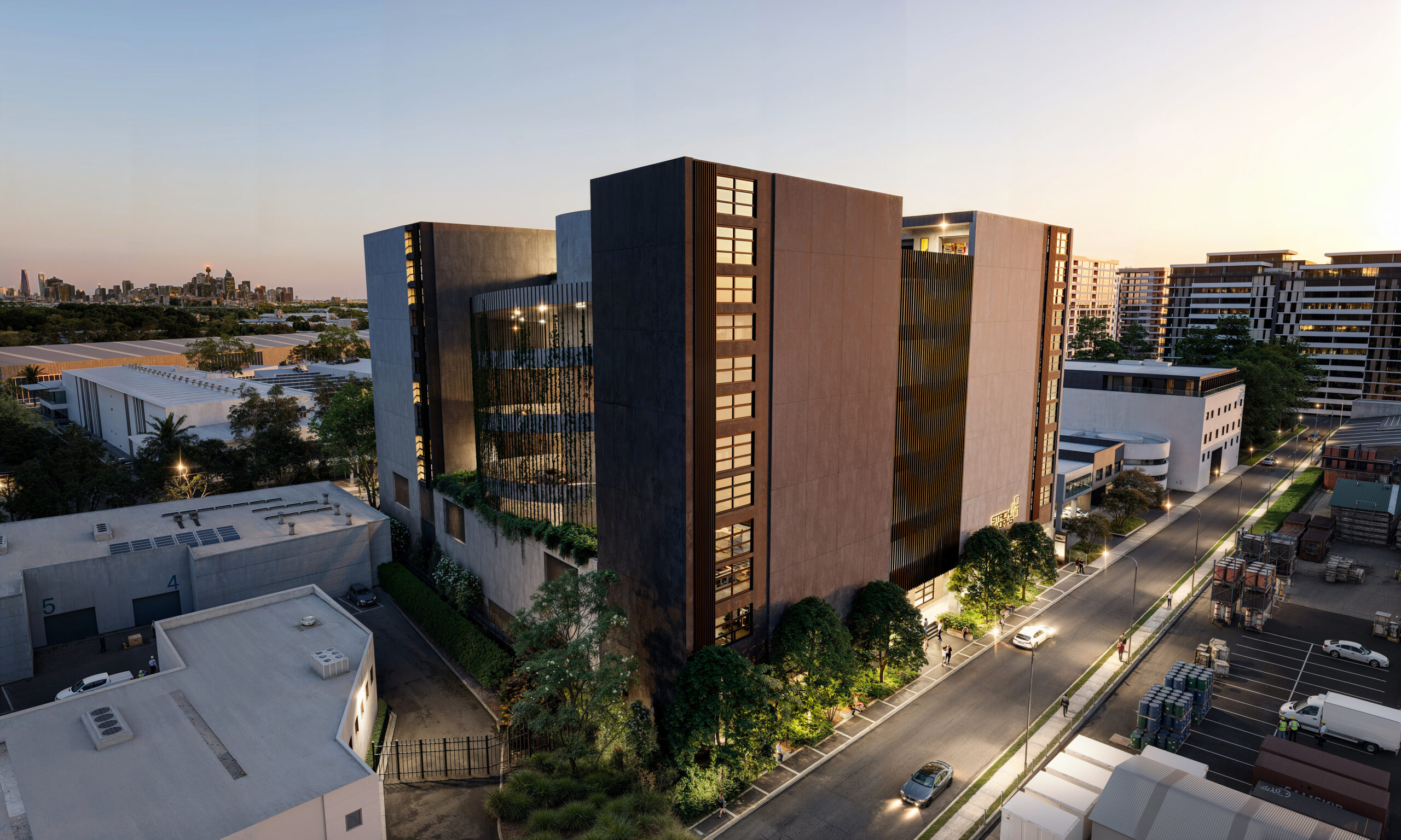 Commercial spaces in Mascot at dusk